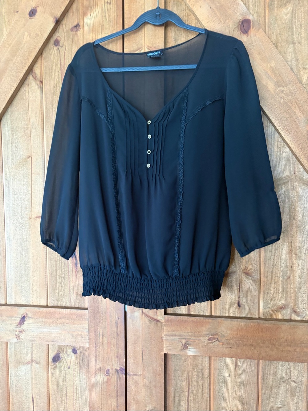 Stoosh Black Sheer V-Neck Smocked Hem Blouse